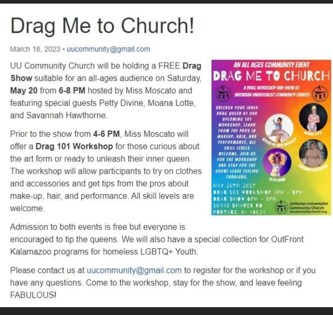 Portage church set to host drag queen event for children kalamazoo